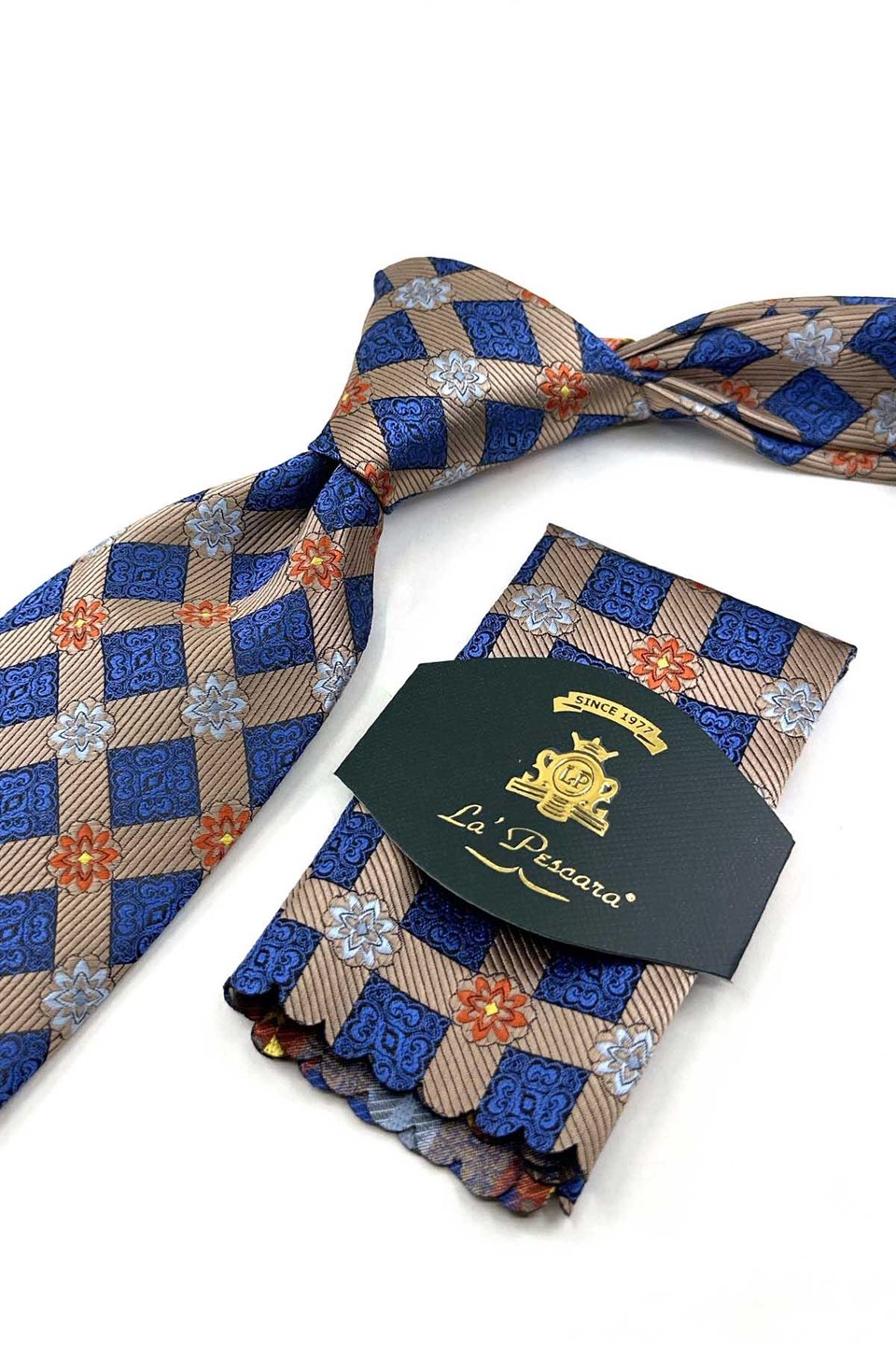 Bej Mavi Motif Desen Mendilli Klasik Kravat KK13939