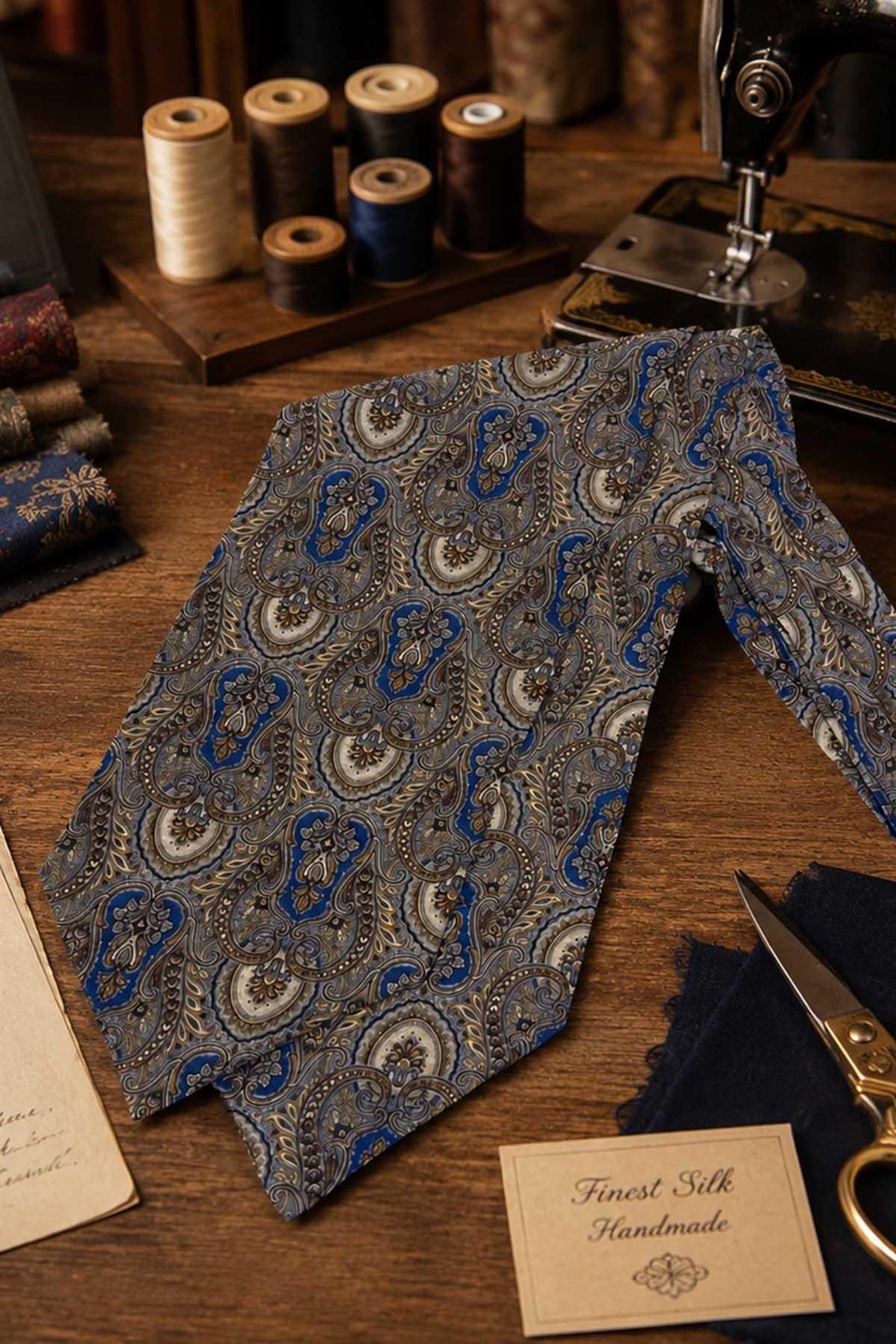 Bej Mavi Şal Desen İtalyan İpek Ascot Kravat SAC117