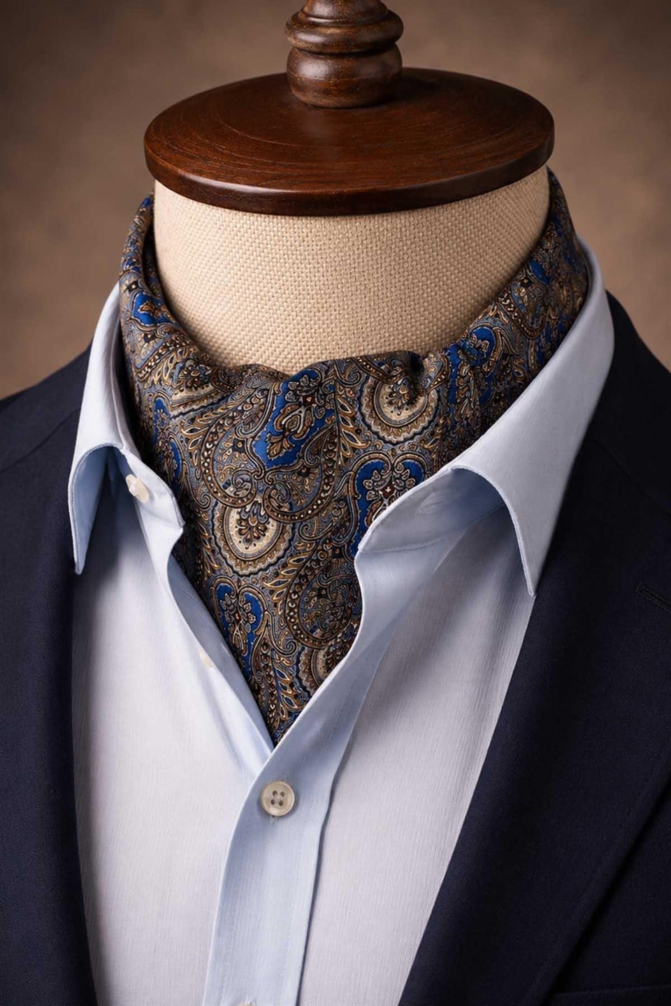 Bej Mavi Şal Desen İtalyan İpek Ascot Kravat SAC117