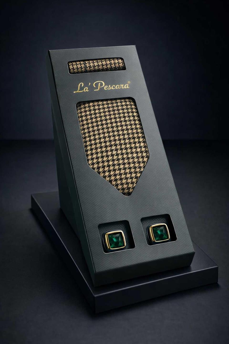 Bej Mendilli Klasik Kravat Kol Düğmesi Erkek Hediye Seti OS606