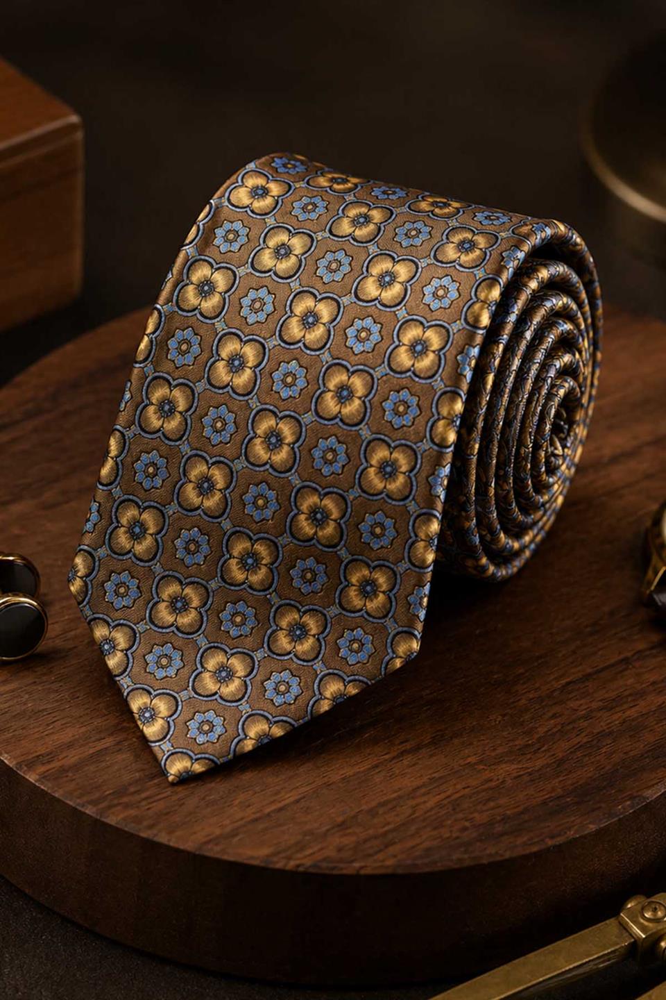 Bej Motif Desen Mendilli Klasik Kravat KK13628