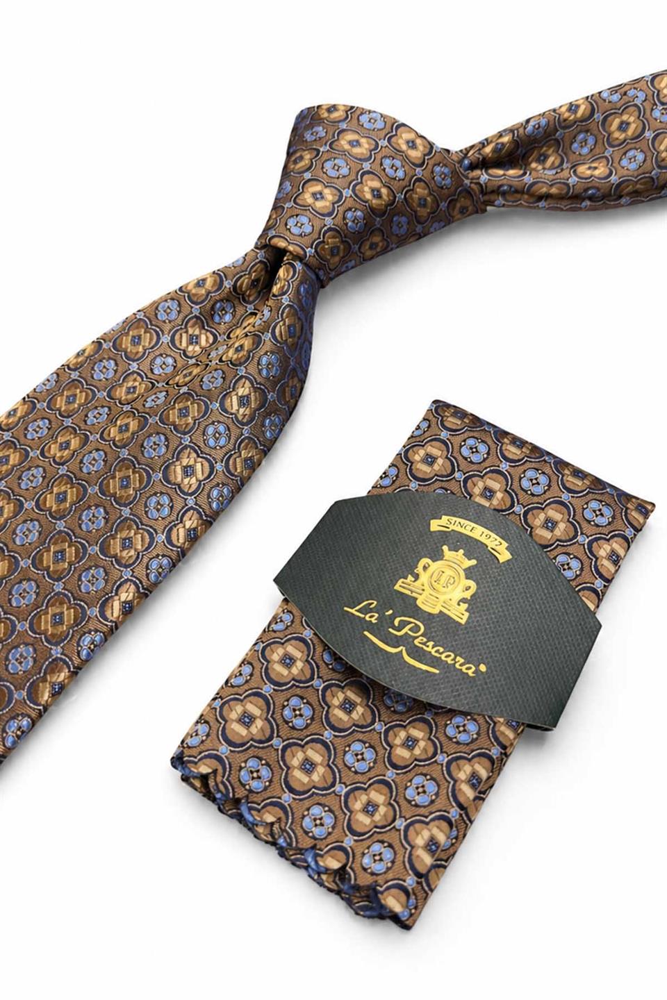 Bej Motif Desen Mendilli Klasik Kravat KK13628