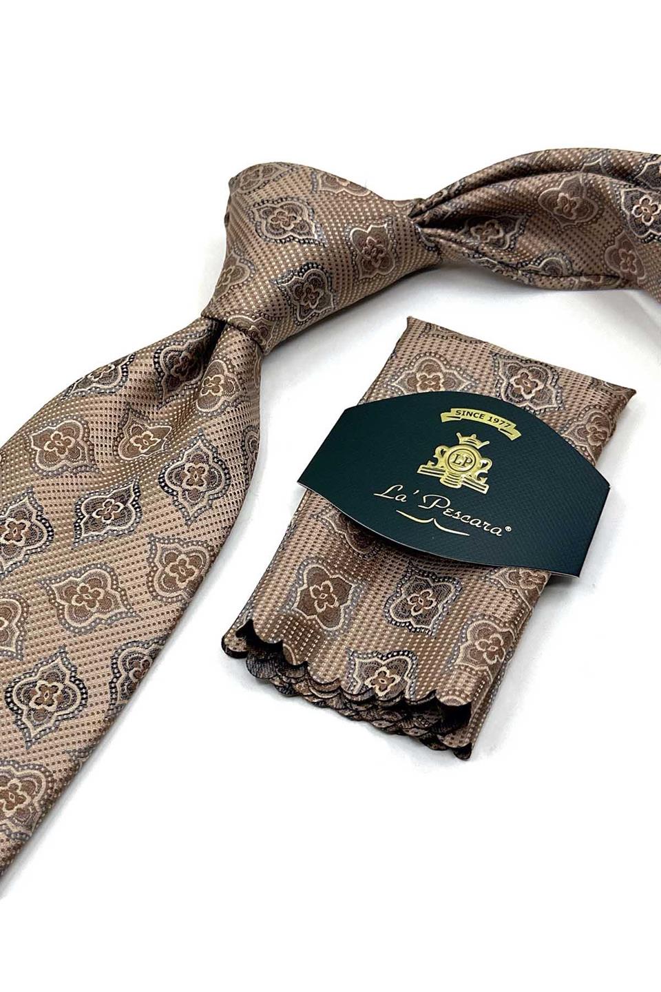 Bej Motif Desen Mendilli Klasik Kravat KK13615