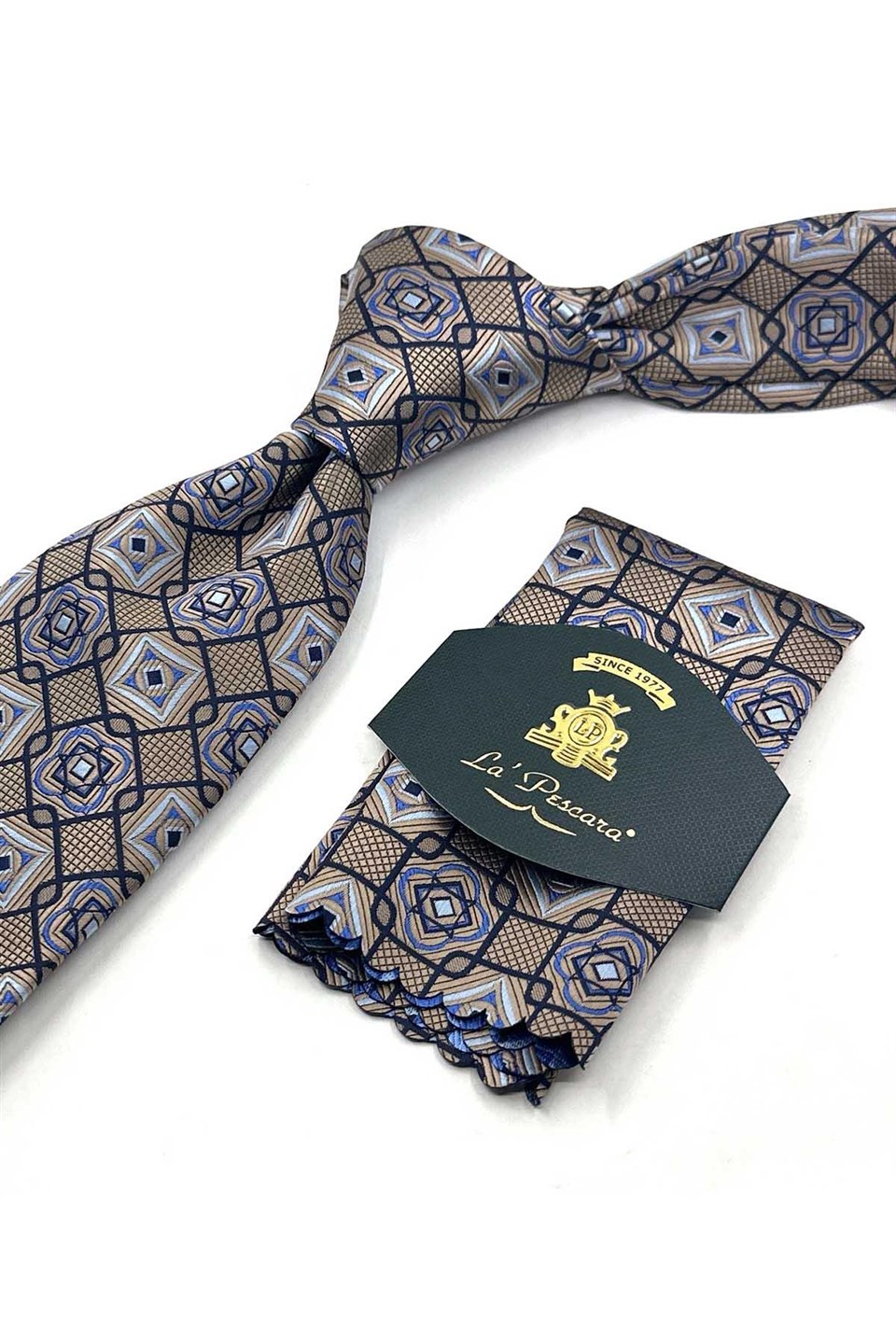 Bej Motif Desen Mendilli Klasik Kravat KK13771