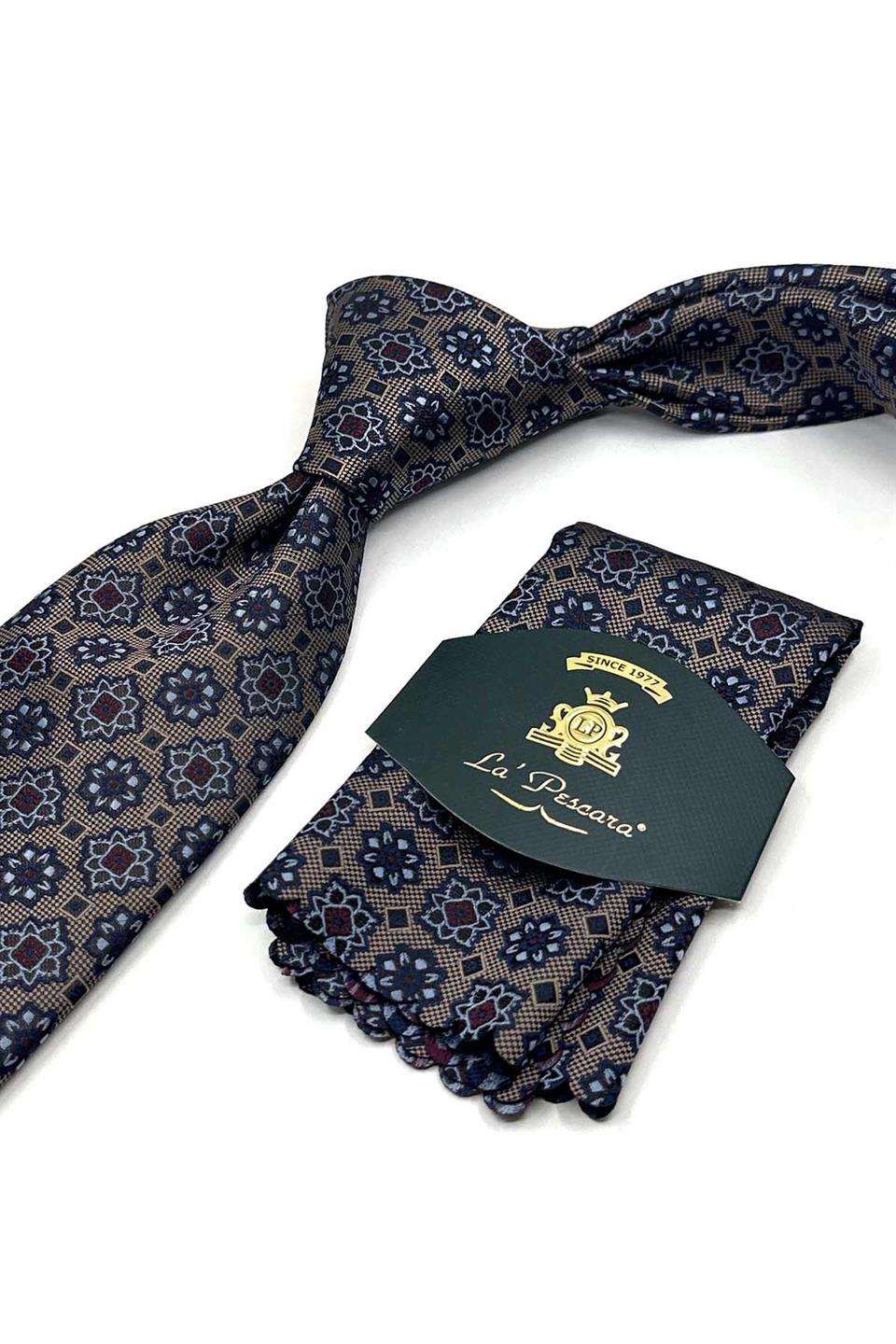 Bej Motif Desen Mendilli Klasik Kravat KK13564