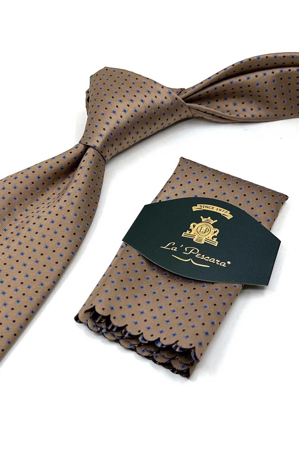 Bej Nokta Desen Mendilli Klasik Kravat KK13425