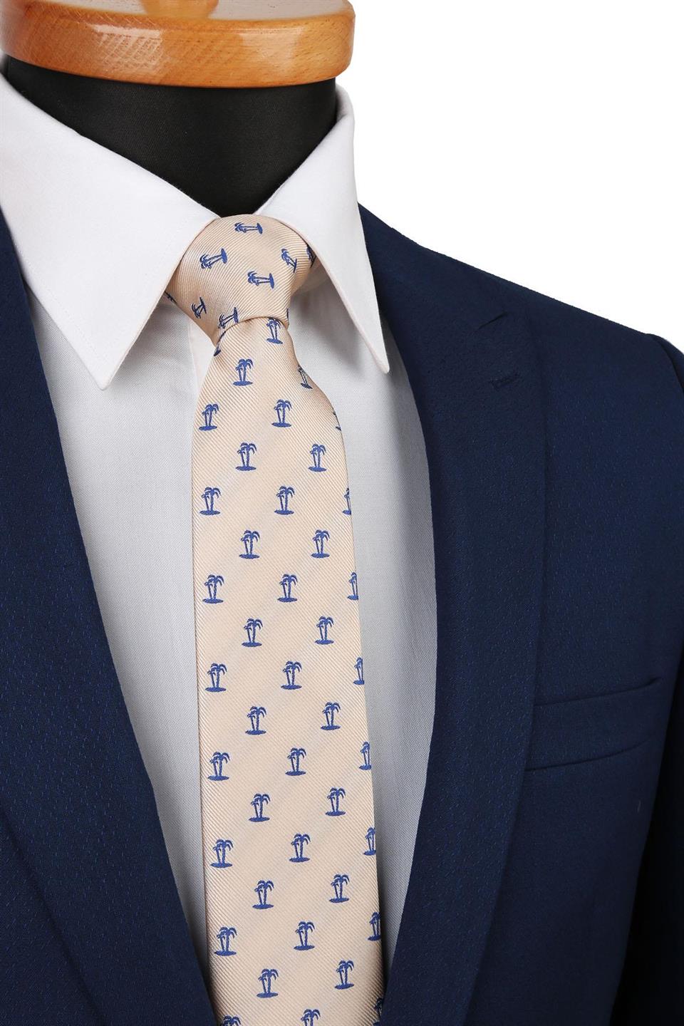 Bej Palmiye Ağacı Desen Slim Kravat SK7077