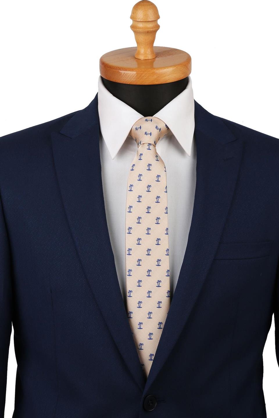 Bej Palmiye Ağacı Desen Slim Kravat SK7077