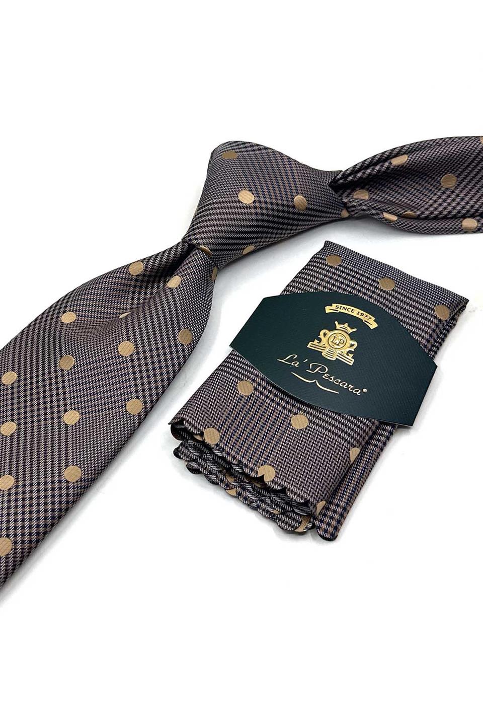 Bej Puantiye Desen Mendilli Klasik Kravat KK13597