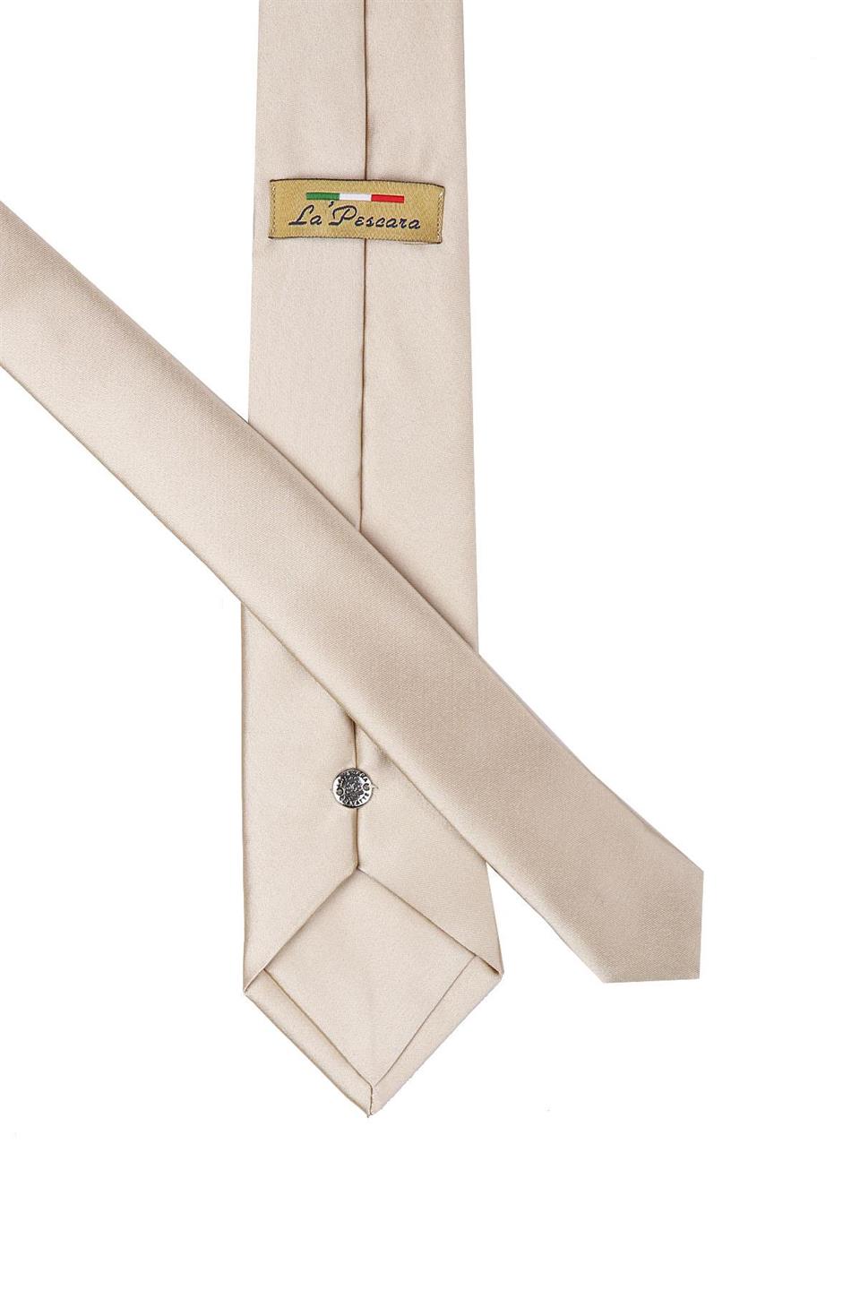 Bej Rengi Mendilli Düz Saten Kravat KK1128