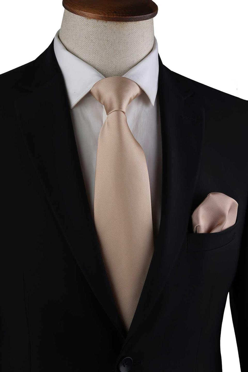 Bej Reps Dokulu Düz Mendilli Klasik Kravat KK13183