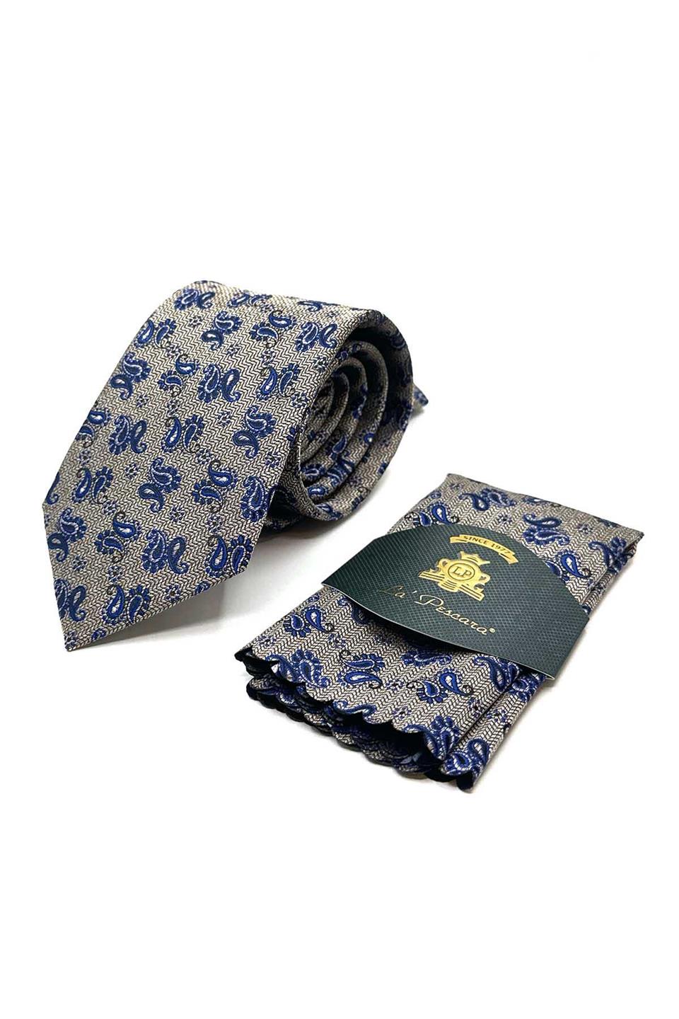 Bej Şal Desen Mendilli Klasik Kravat KK13112