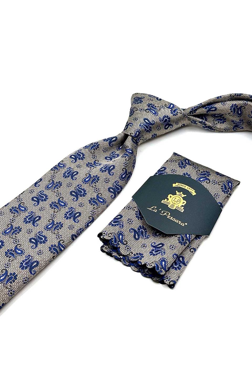 Bej Şal Desen Mendilli Klasik Kravat KK12930