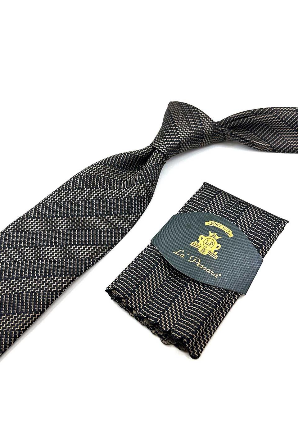 Bej - Siyah Çizgi Desen Mendilli Klasik Kravat KK12431