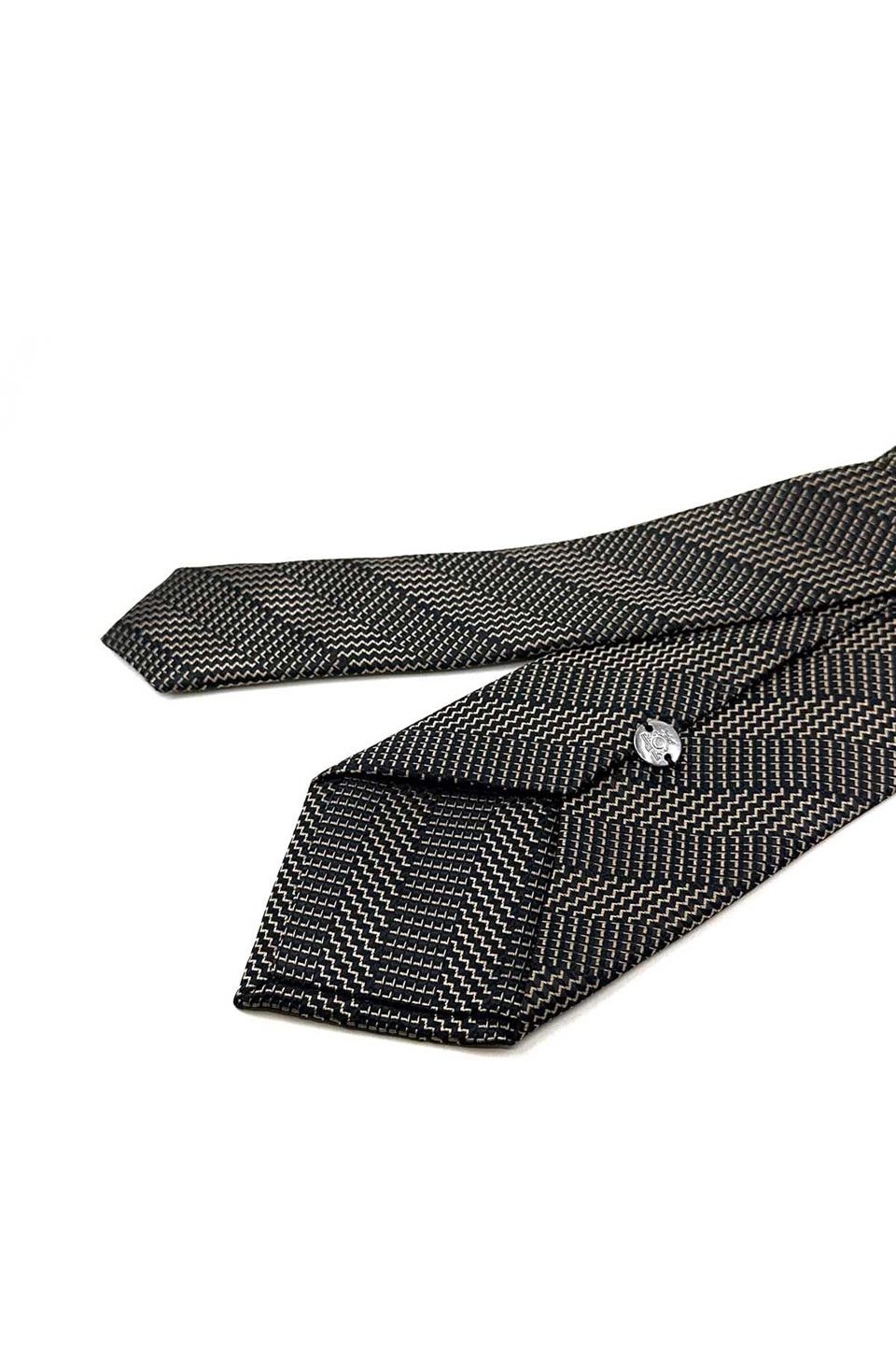 Bej - Siyah Çizgi Desen Mendilli Klasik Kravat KK12431