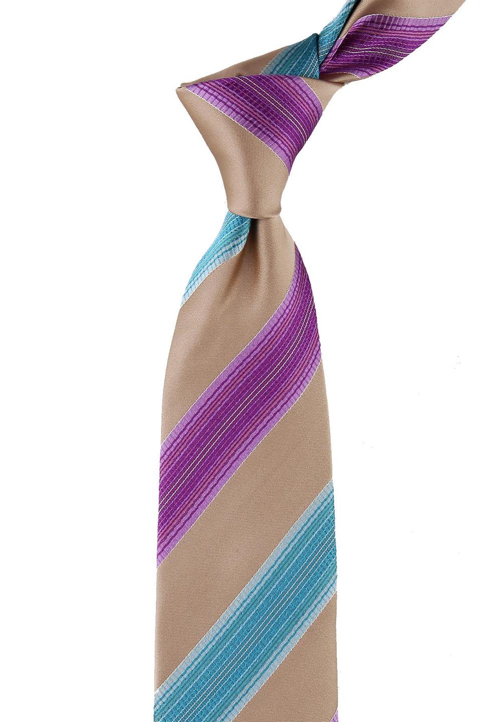 Belucci Style Bej Çizgi Desen İtalyan İpek Kravat İK878