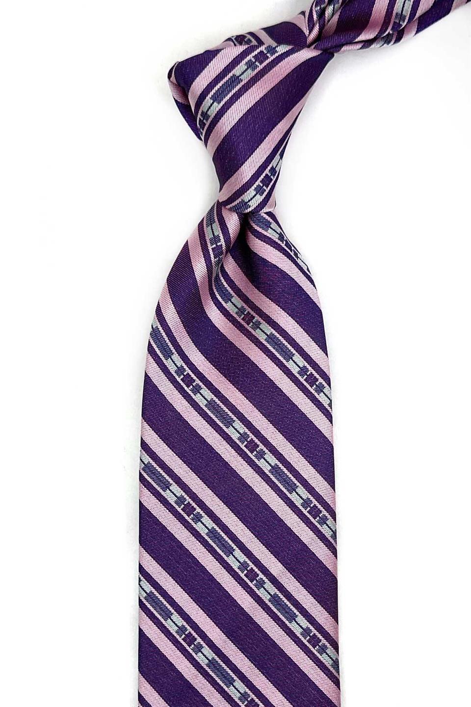 Bennale Style Mor Çizgi Desen İtalyan İpek Kravat İK2271