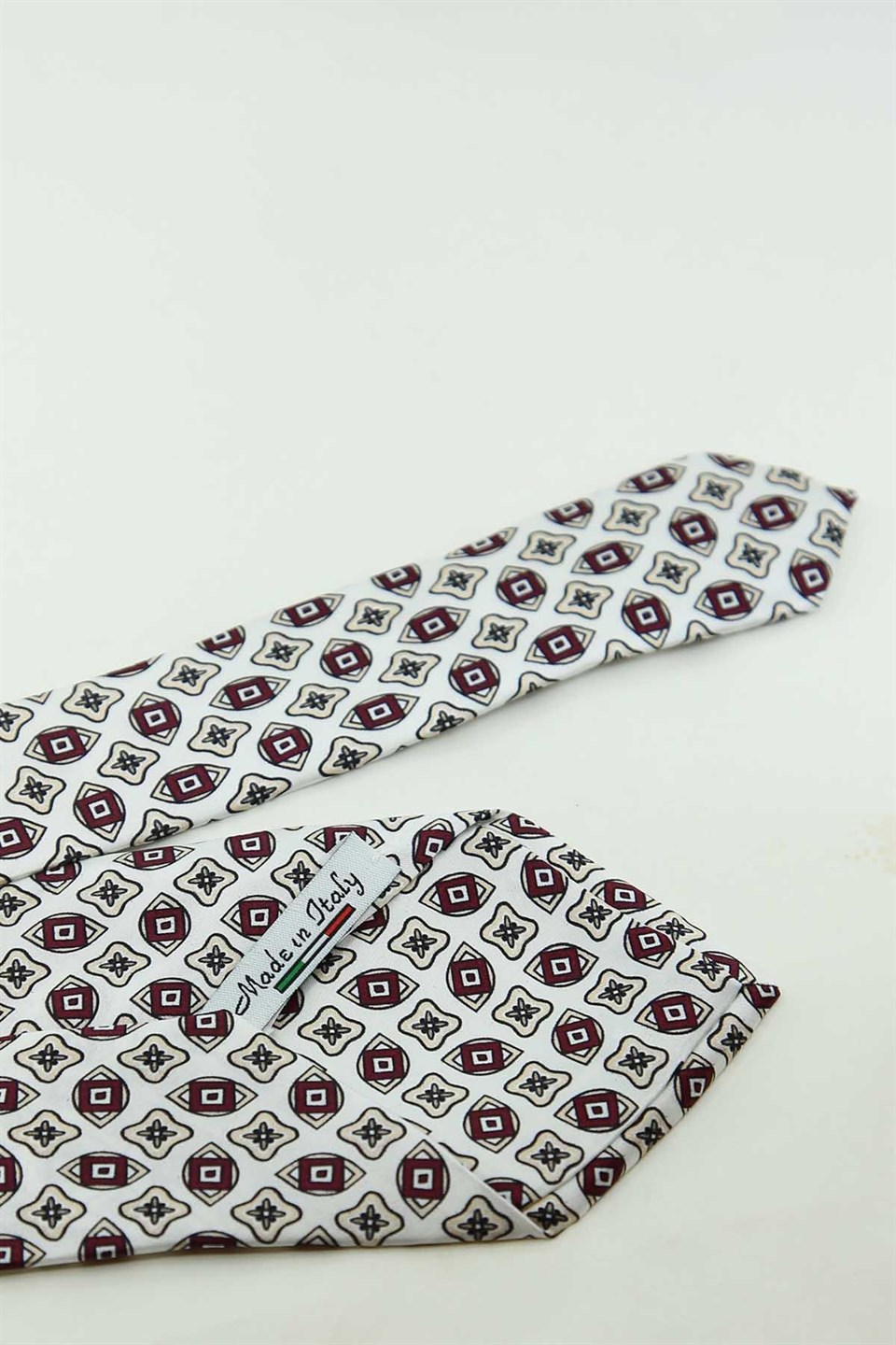 Beyaz Bordo Motif Desen İtalyan İpek Kravat İK2532