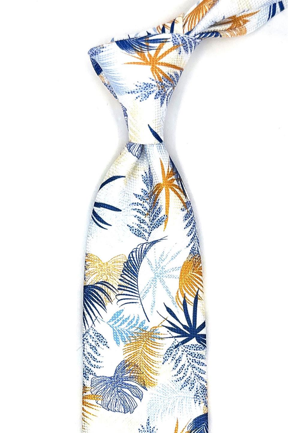 Beyaz Çiçek Desen Mendilli Klasik Kravat KK11453