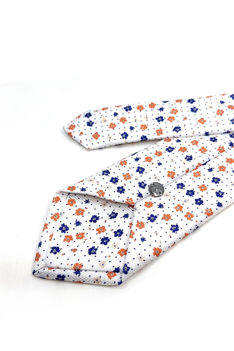 Beyaz Çiçek Desen Mendilli Klasik Kravat KK11443