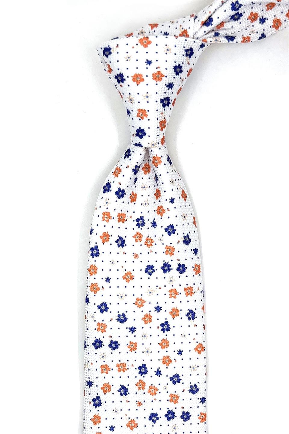 Beyaz Çiçek Desen Mendilli Klasik Kravat KK11443