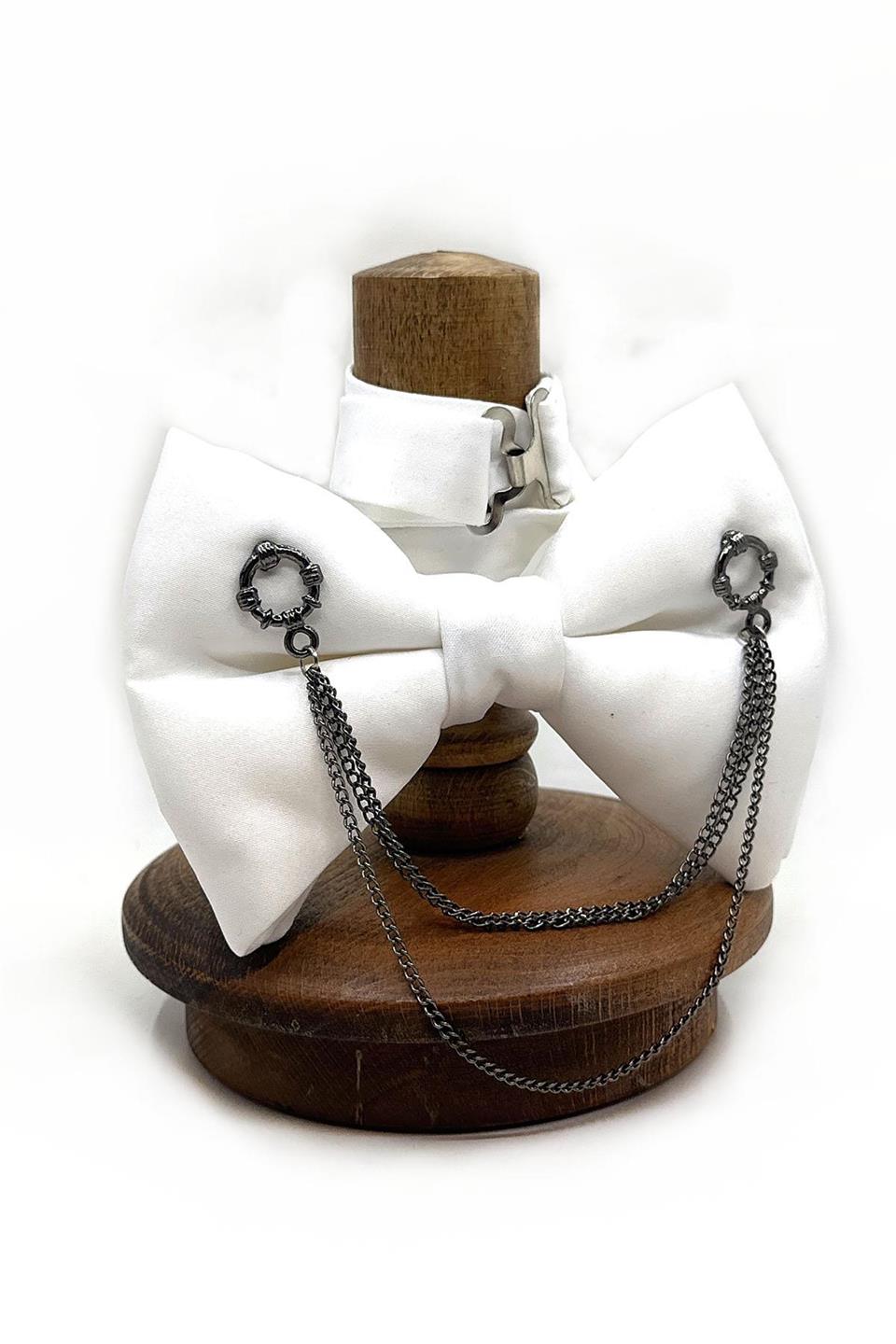 Beyaz Düz Zincirli Damatlık Papyon P1726