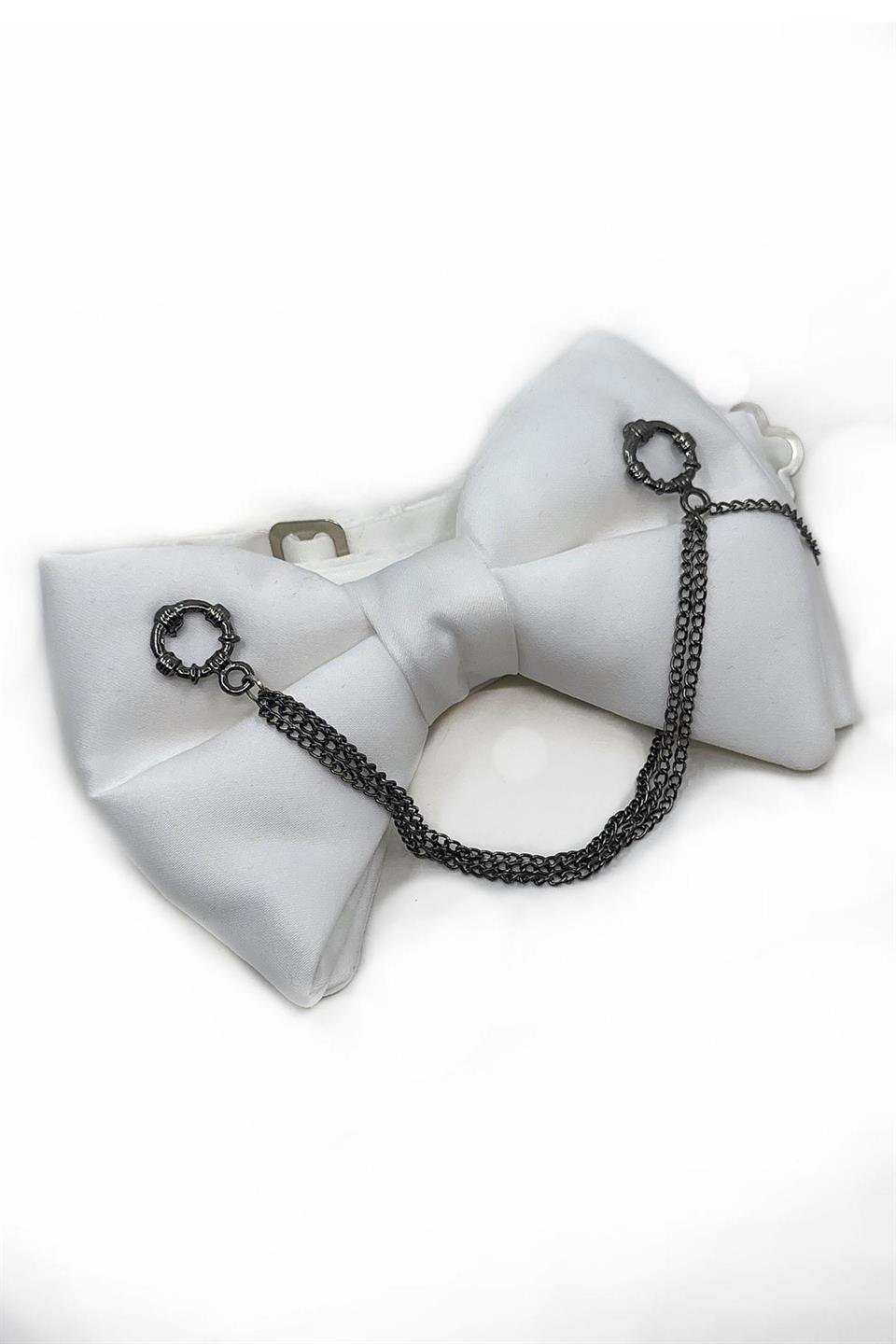 Beyaz Düz Zincirli Damatlık Papyon P1726