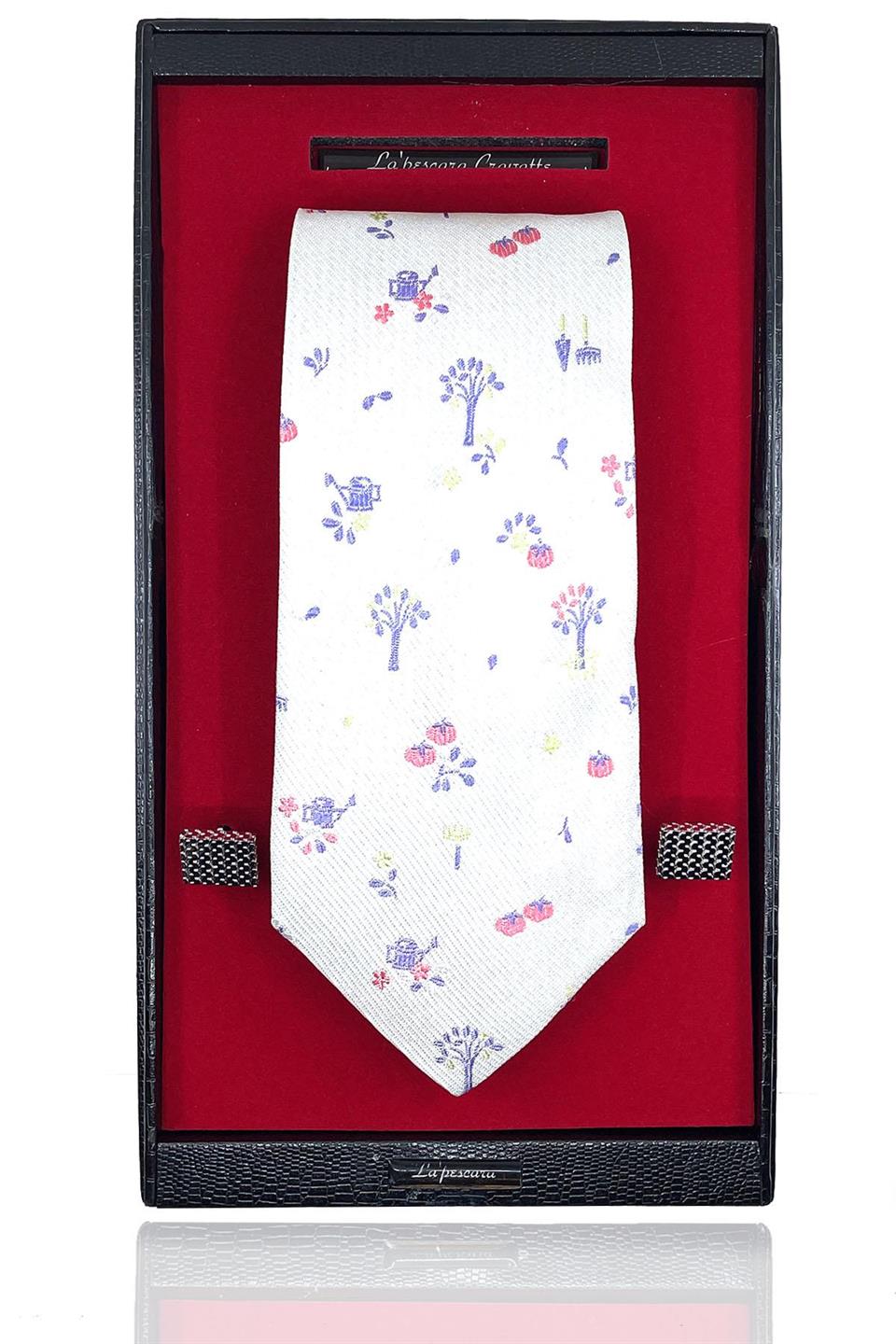 Beyaz İtalyan İpek Kravat Çelik Kol Düğmesi Erkek Hediye Seti SKS26