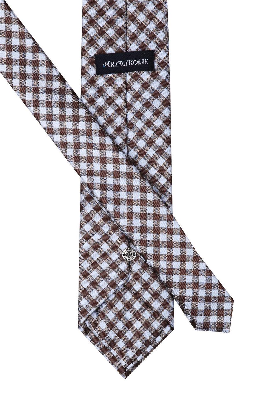 Beyaz - Kahverengi Ekose Desen Mendilli Klasik Kravat KK10644