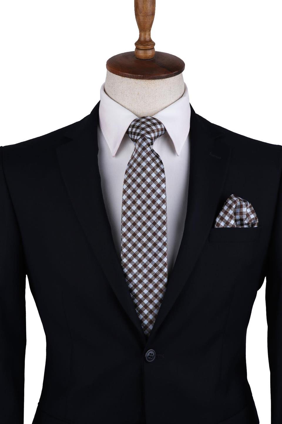 Beyaz - Kahverengi Ekose Desen Mendilli Klasik Kravat KK10644