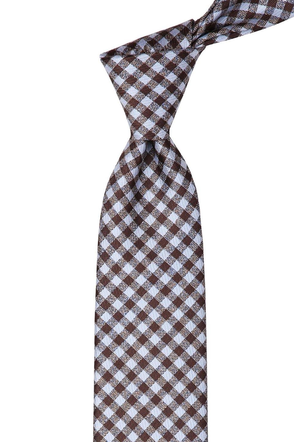 Beyaz - Kahverengi Ekose Desen Mendilli Klasik Kravat KK10644