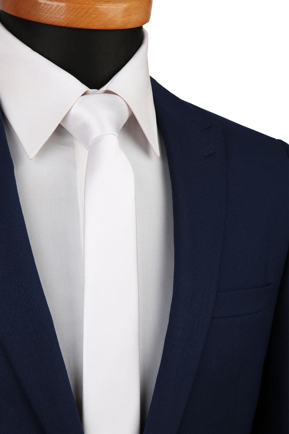 Beyaz Saten Düz Çok İnce Kravat UST10