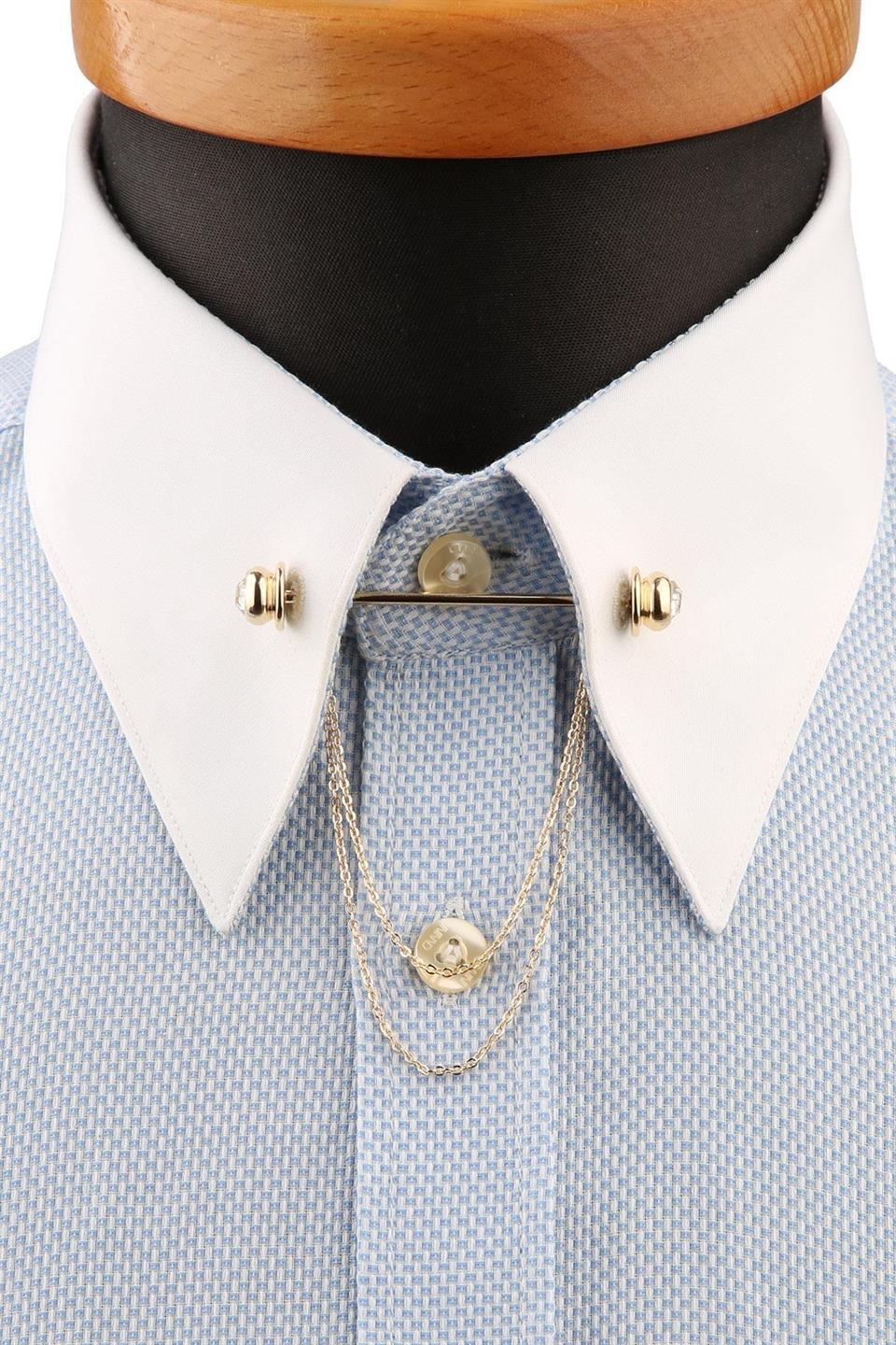 Beyaz Taşlı Zincirli Gömlek Yaka İğnesi GI219