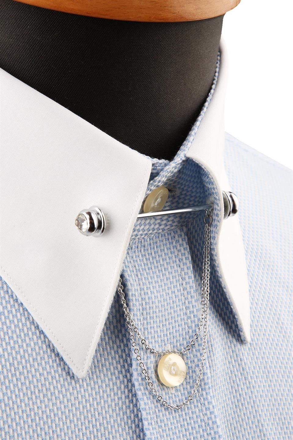 Beyaz Taşlı Zincirli Gömlek Yaka İğnesi GI209