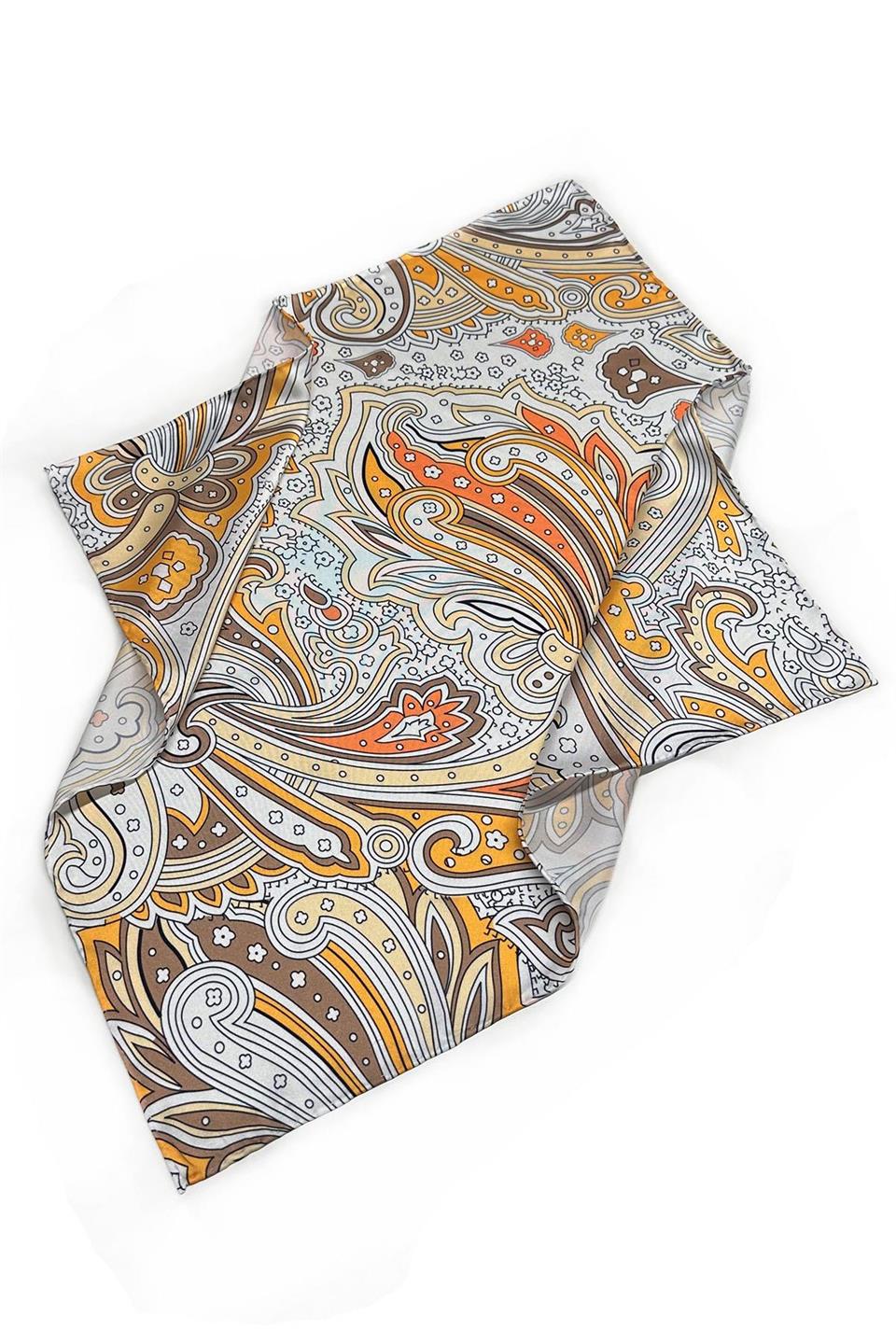 Beyaz - Turuncu Şal Desen Fular Bandana 55-55 cm KDNF17