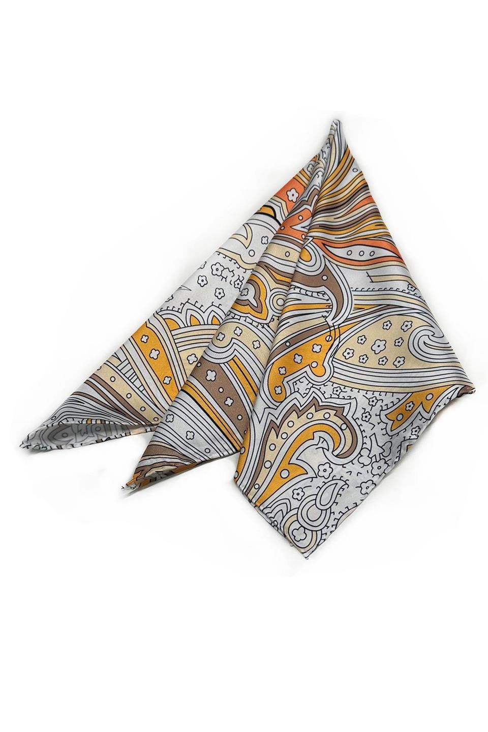 Beyaz - Turuncu Şal Desen Fular Bandana 55-55 cm KDNF17