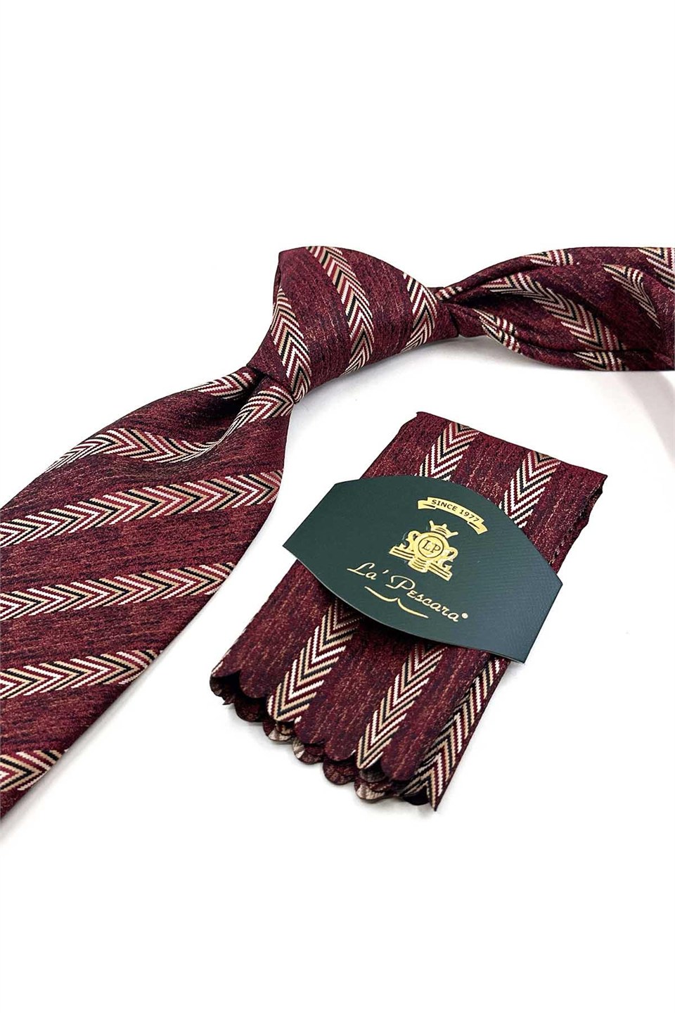 Bordo Bej Balıksırtı Desen Mendilli Klasik Kravat KK14155