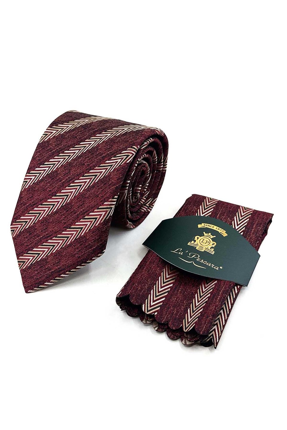 Bordo Bej Balıksırtı Desen Mendilli Klasik Kravat KK14155