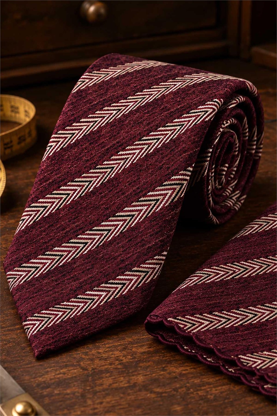 Bordo Bej Balıksırtı Desen Mendilli Klasik Kravat KK14155