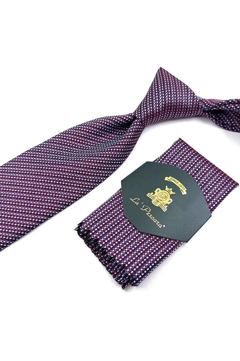 Bordo - Beyaz Çizgi Desen Mendilli Klasik Kravat KK11358