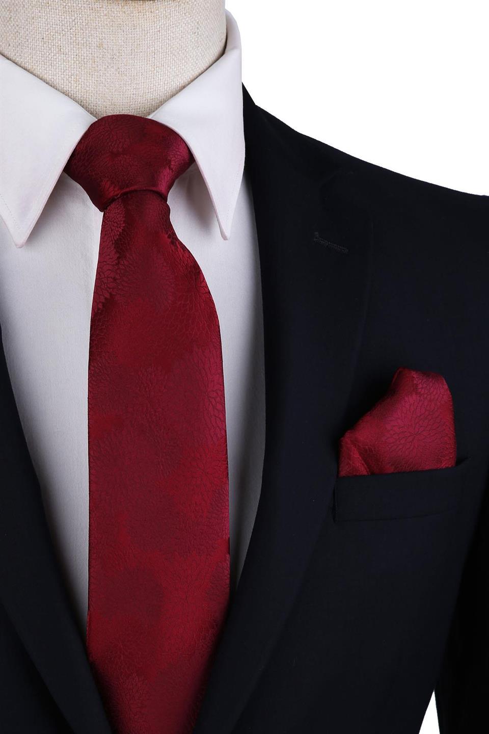 Bordo Çiçek Desen Mendilli Klasik Kravat KK10467