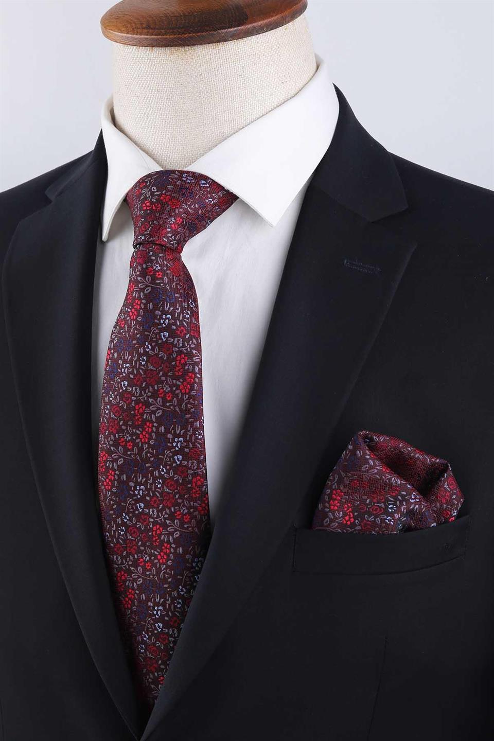 Bordo Çiçek Desen Mendilli Klasik Kravat KK13155
