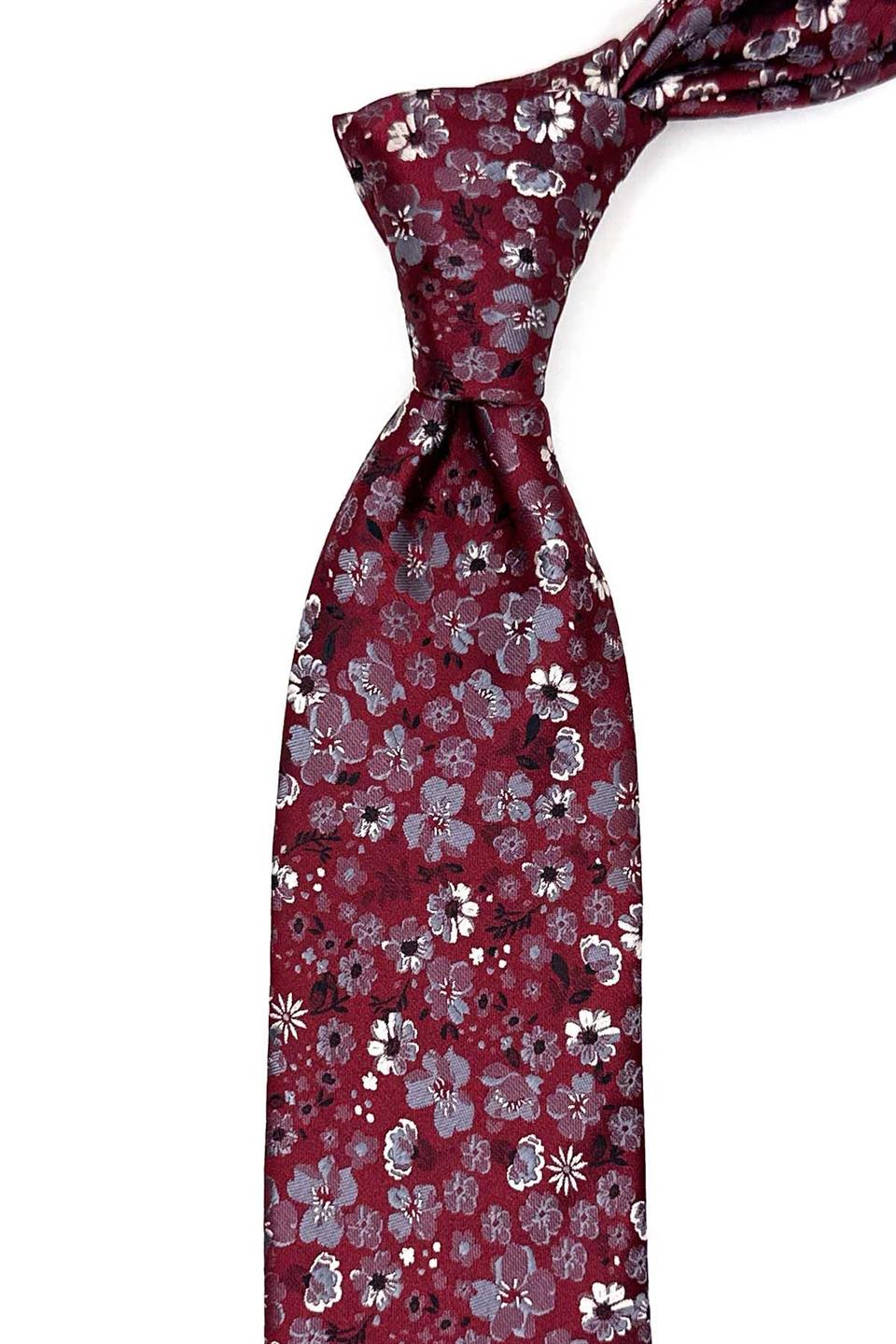 Bordo Çiçek Desen Mendilli Klasik Kravat KK13137