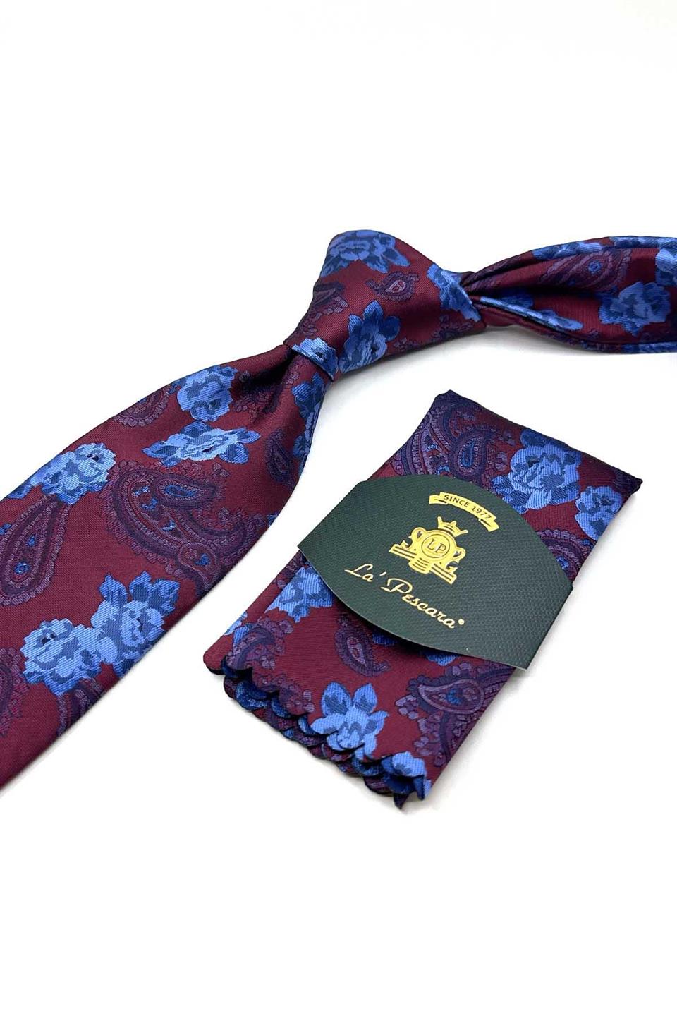 Bordo Çiçek Desen Mendilli Klasik Kravat KK13144