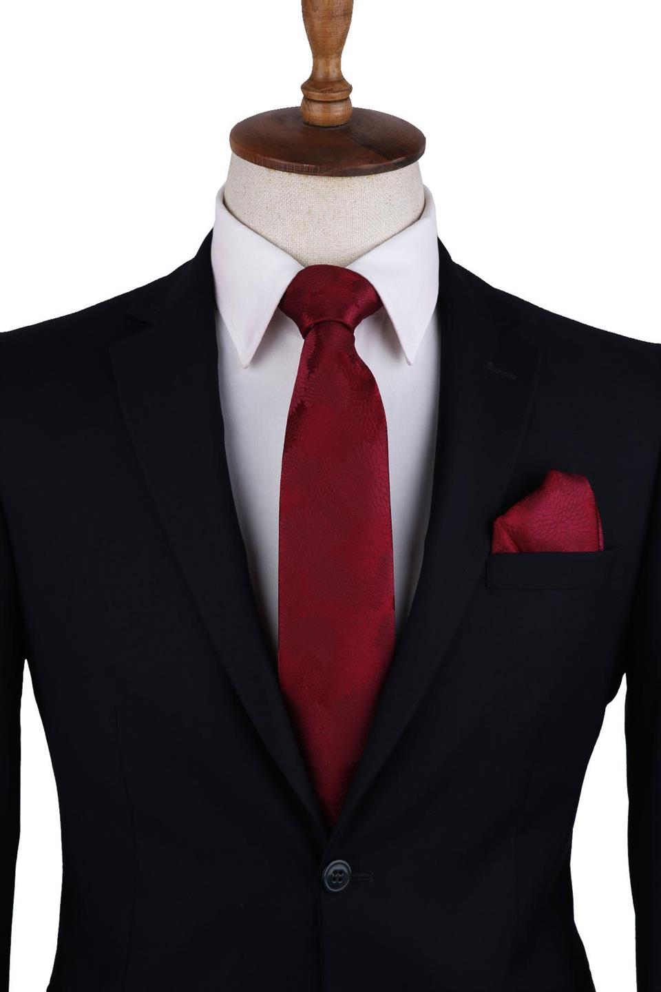 Bordo Çiçek Desen Mendilli Klasik Kravat KK10467