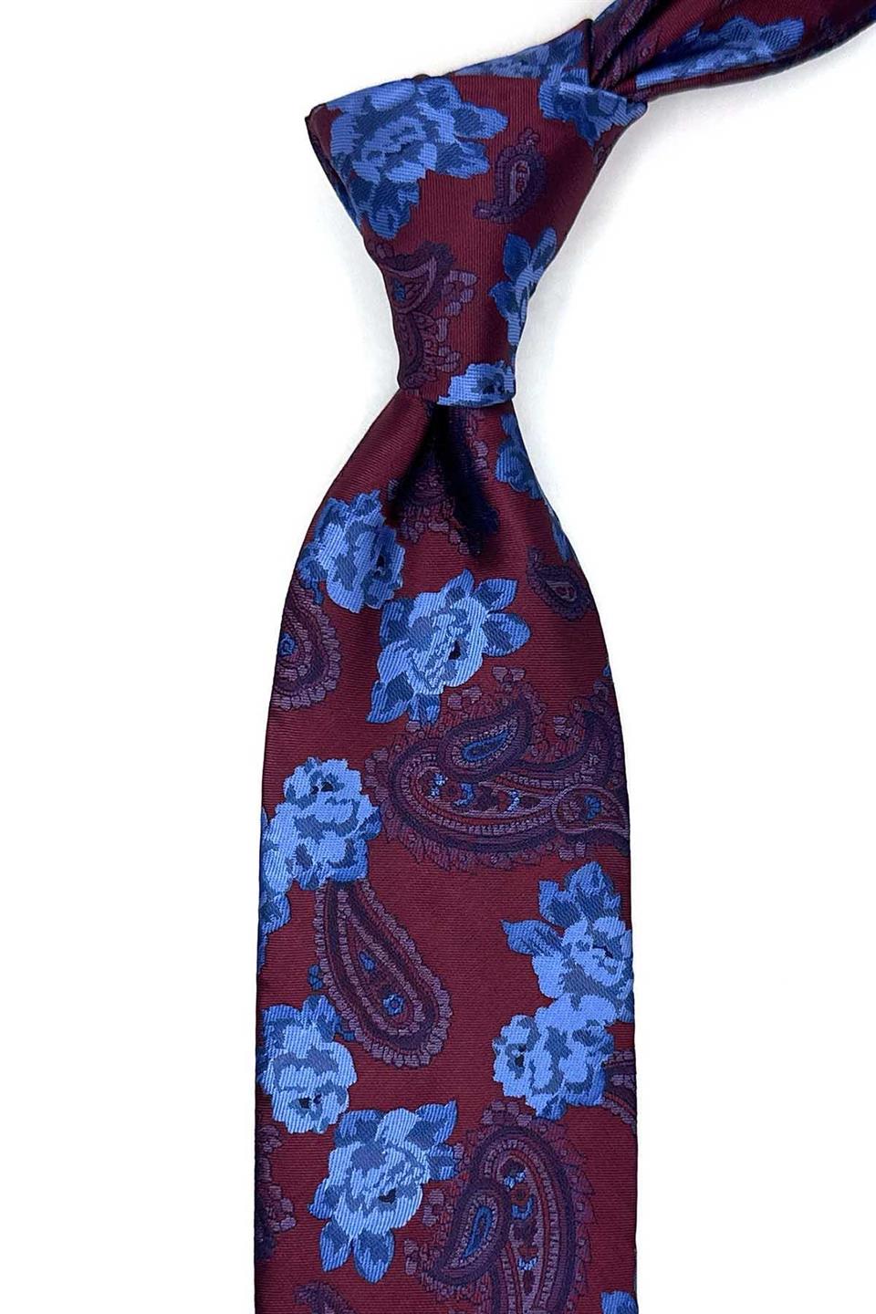 Bordo Çiçek Desen Mendilli Klasik Kravat KK13144