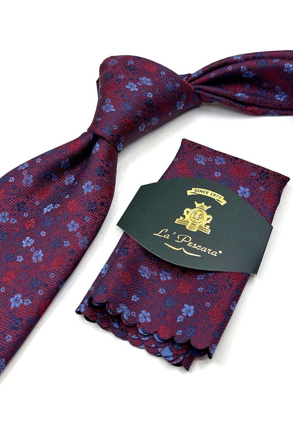 Bordo Çiçek Desen Mendilli Klasik Kravat KK13437