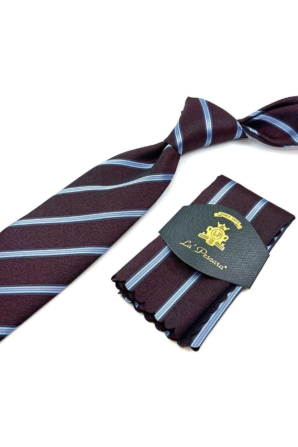 Bordo Çizgi Desen Mendilli Klasik Kravat KK12353