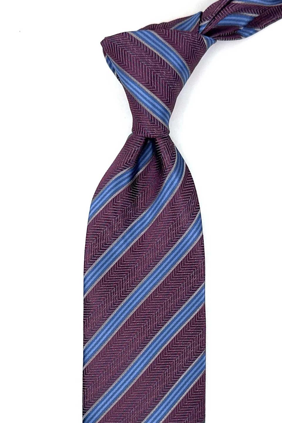 Bordo Çizgi Desen Mendilli Klasik Kravat KK13192