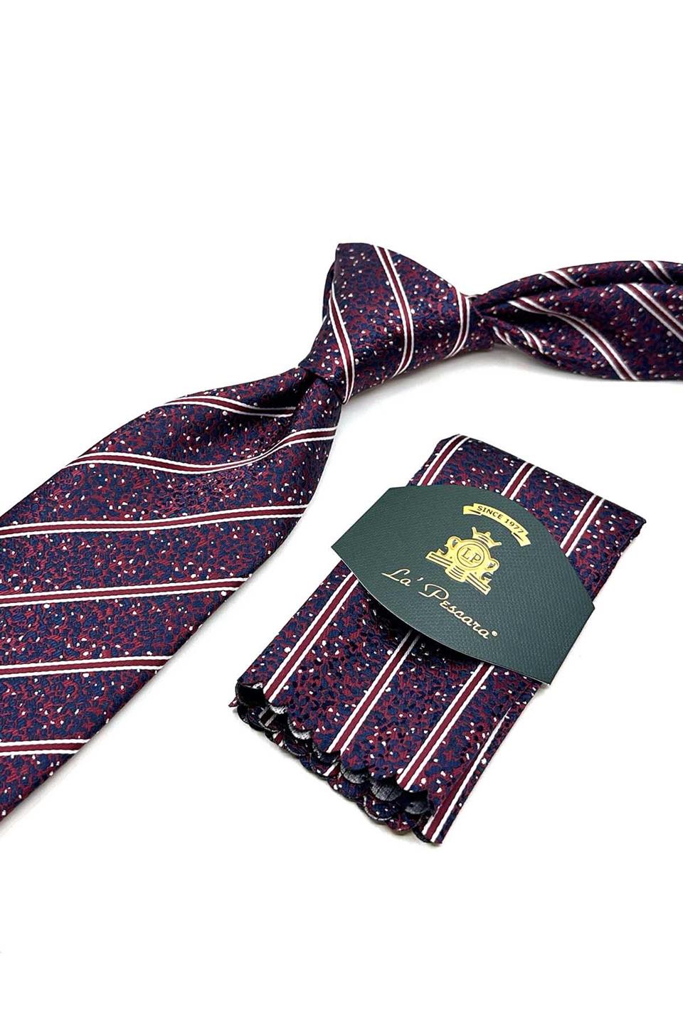 Bordo Çizgi Desen Mendilli Klasik Kravat KK12918